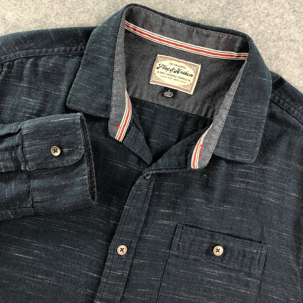 Flag and Anthem Mens L Navy Blue Slub Cotton Button Down Shirt Premium Designer